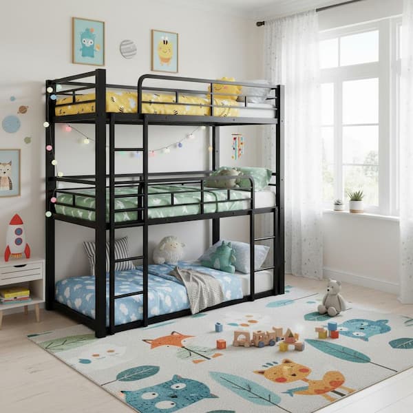 Black Metal Twin Triple Bunk Bed with Ladders