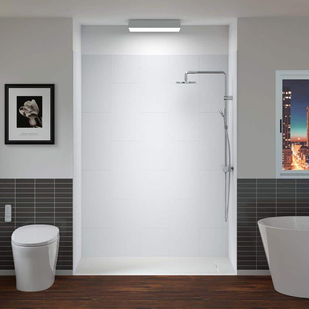 60'' White Solid Surface Alcove Shower Kit with Brushed Nickel Trim