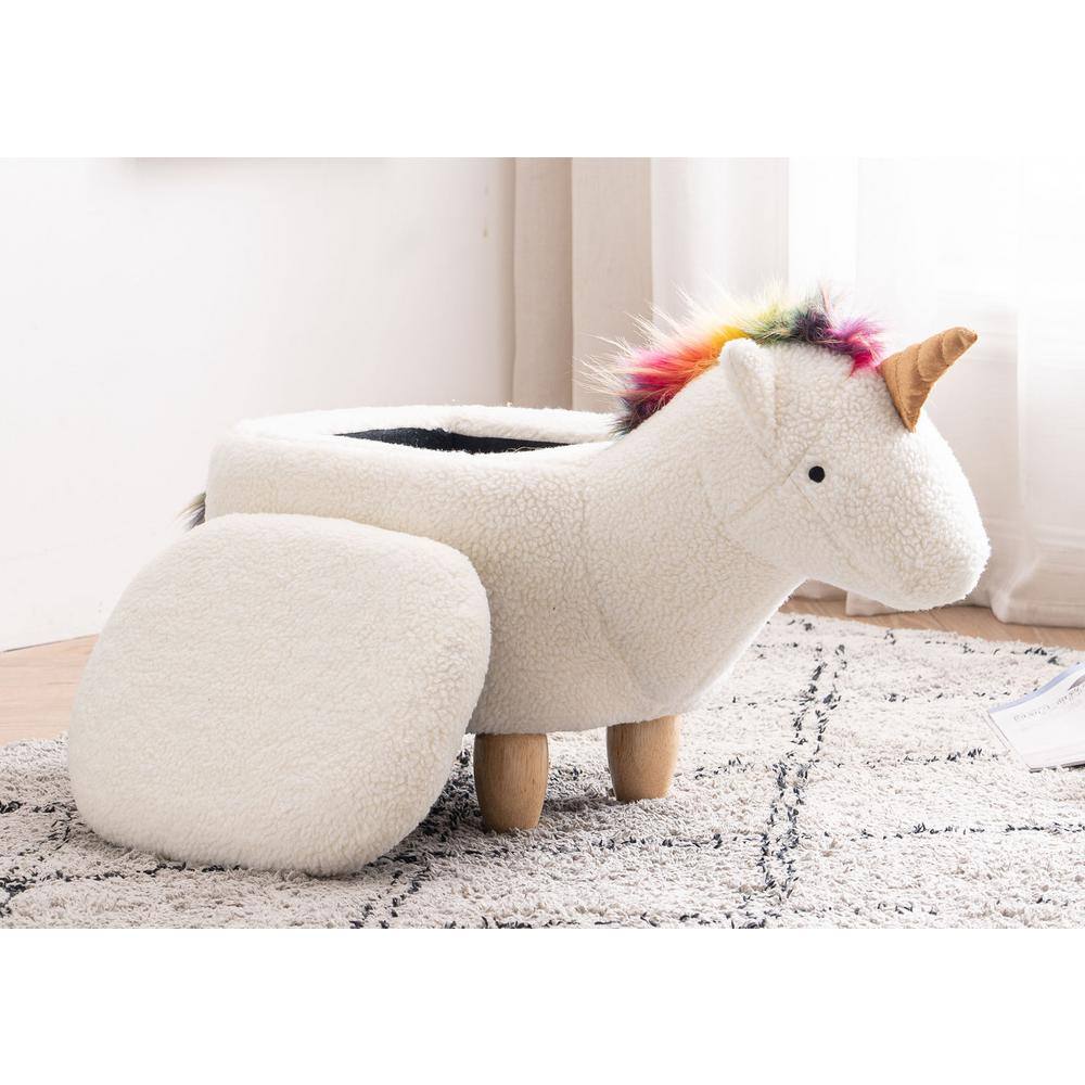 White and Multicolor Unicorn Fabric Storage Ottoman