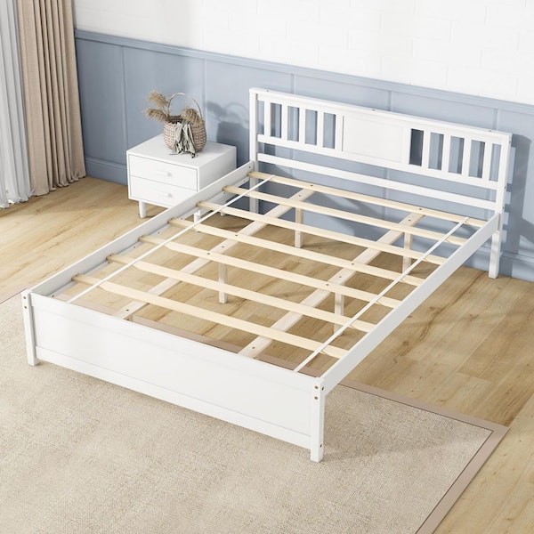 Gymax White Wood Frame Queen Size Platform Bed w/ Headboard