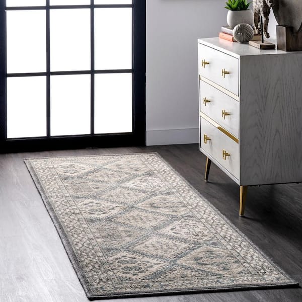 Becca Traditional Tiled Area Charcoal 3 ft. x 6 ft. Indoor Runner Rug