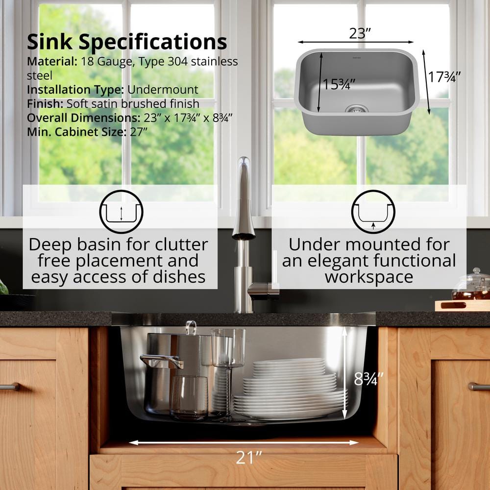 23'' Satin Brushed Stainless Steel Single Bowl Undermount Sink Kit