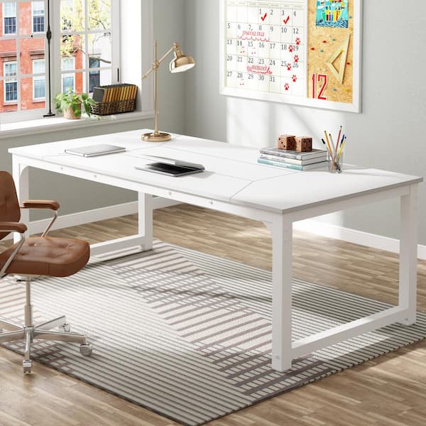 78.7 in. Rectangular White Engineered Wood Large Computer Desk Executive Office Desk for Home Office