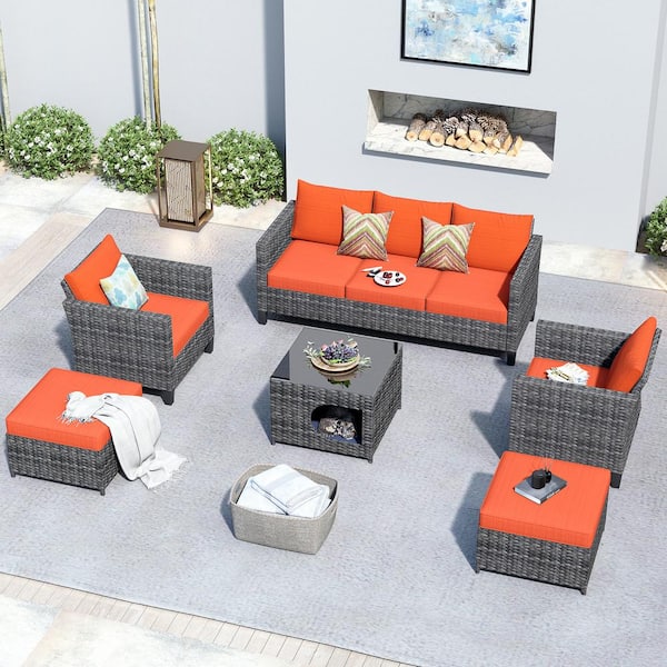 XIZZI Moxie Gray 6-Piece Wicker Outdoor Patio Conversation Seating Set with Orange Red Cushions