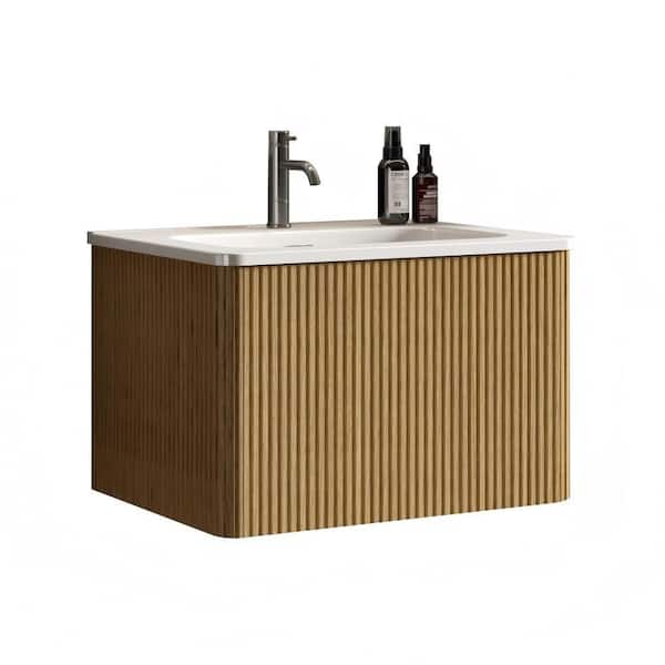 24 in. Single Sink Floating Oak Bath Vanity with White Ceramic Top (Assembled), Curved Edges