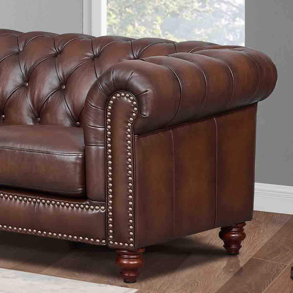 Caramel Brown Leather Tufted Chesterfield Sectional Sofa with Rolled Arms
