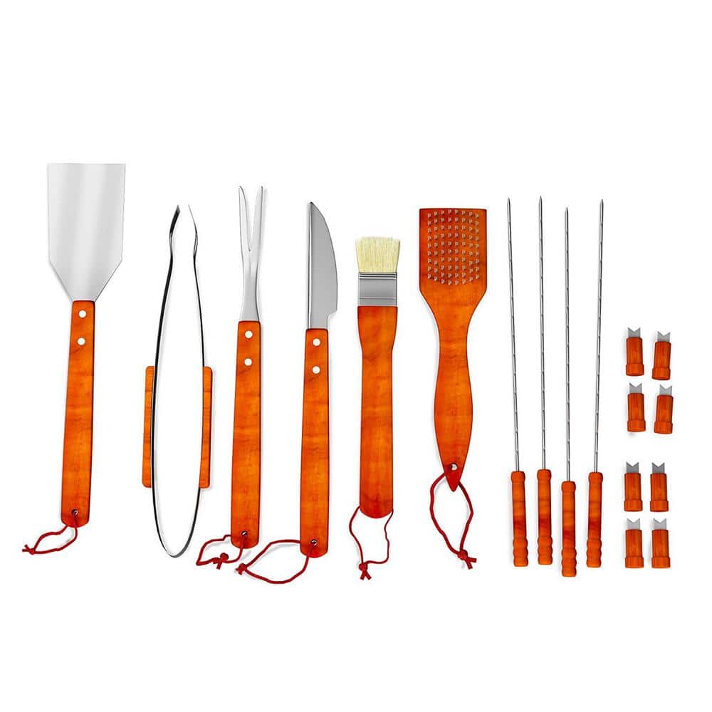 Home-Complete 22-Piece Wood BBQ Grill Tool Set with Case and 4 Steak Knives