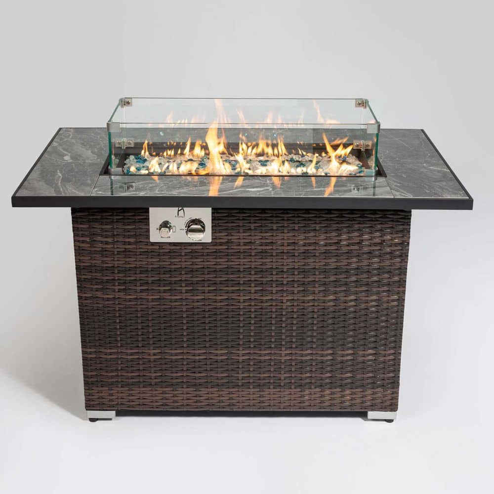Espresso Wicker Concrete 44 in. Outdoor Fire Pit Table with Ceramic Tableto