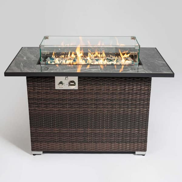 Unbranded Espresso Wicker Concrete 44 in. Outdoor Fire Pit Table with Ceramic Tabletop Gas