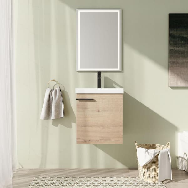 18.1 in. Wall-Mounted Single Oak Bath Vanity with White Ceramic Vanity Top Assembled