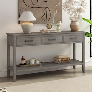 59.1 in. Gray Rectangle Wood Console Table with 3 Drawers and Bottom Shelf