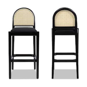 Panama 30.5 in. Curved Back Cane Rattan Bar Stool, Set of 2, Ebony Black Boucle