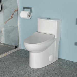 12 inch 1-piece 1.6/1.1 GPF Dual Flush Elongated Toilet in White-9 with Slow-Drop Cover and Top Press