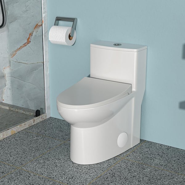 OLUMAT 12 in. 1-Piece 1.6/1.1 GPF Dual Flush Elongated Toilet in White-9 with Slow-Drop Cover and Top Press