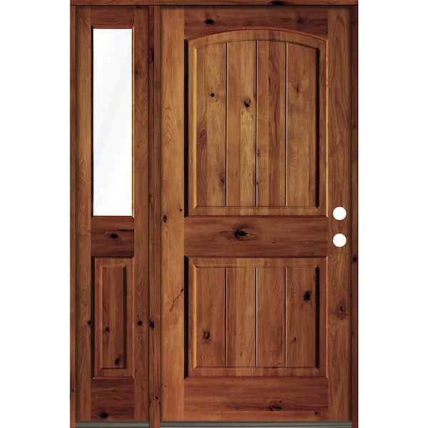 Krosswood Doors 56 in. x 80 in. Rustic knotty alder Left-Hand/Inswing Clear Glass Red Chestnut Stain Wood Prehung Front Door w/Sidelite