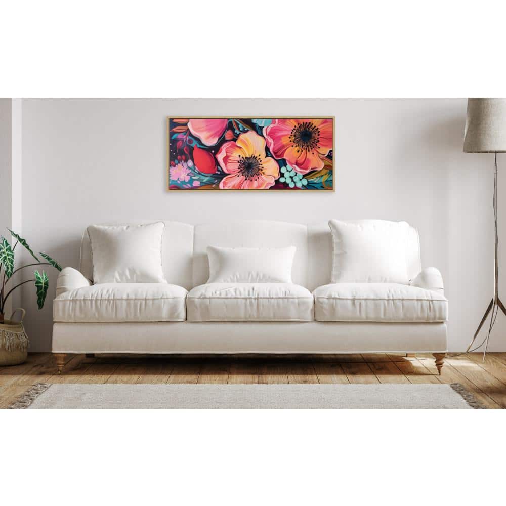 Colorful Floral Group Framed Canvas Wall Art, 18" x 40", Natural Wood Frame