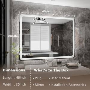40 in. W x 30 in. H Silver Classic Rectangle Framed LED Bathroom Mirror with Lights Smart Touch Button Makeup Mirror