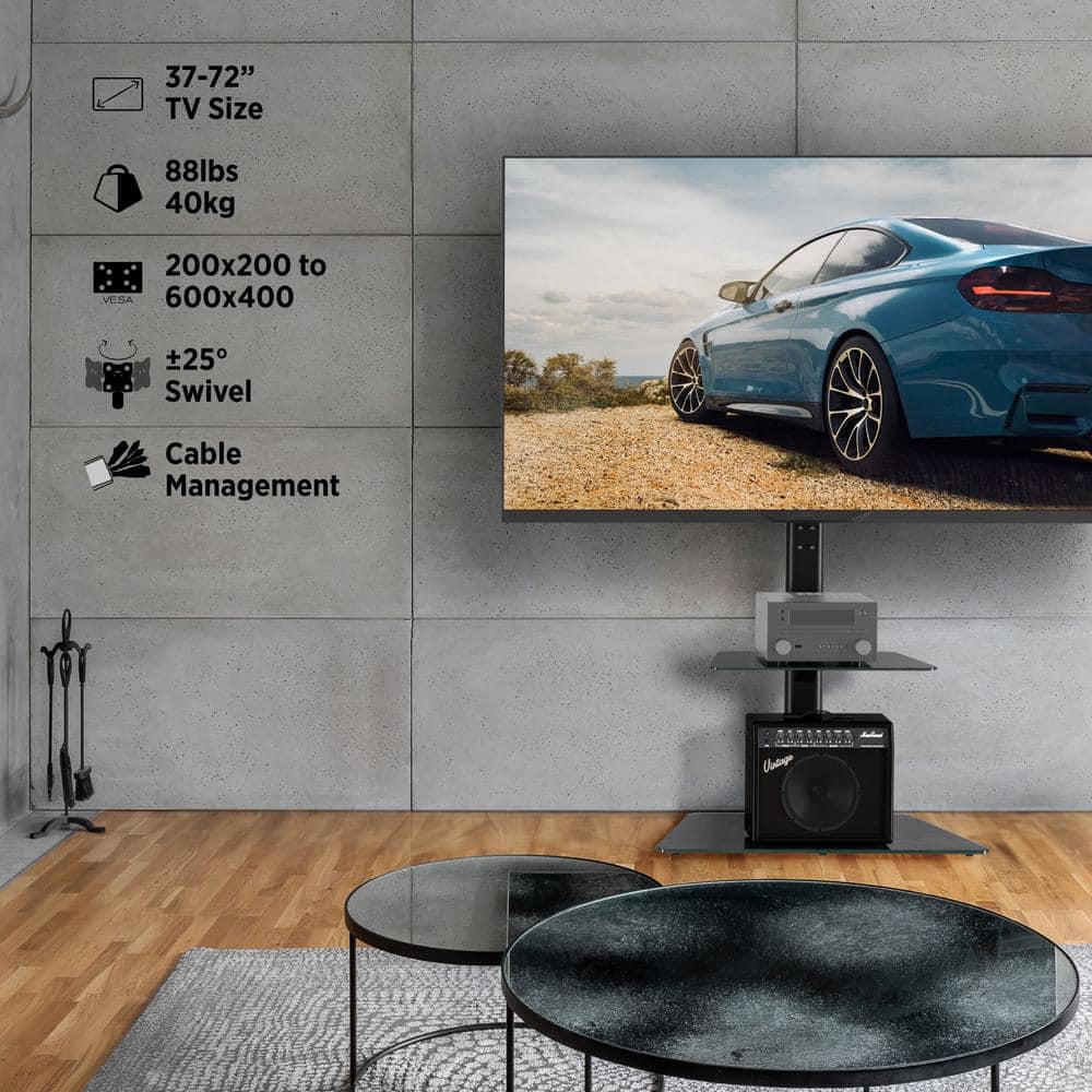 Black Steel 30.5" Swivel TV Floor Stand with Shelf