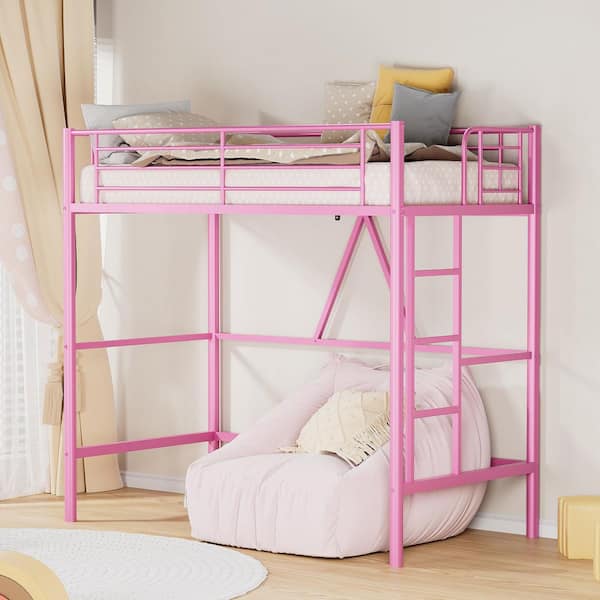 Twin Size Metal Loft Bed, Pink Heavy Duty Bed Frame with Removable Ladder, Safety Guardrail and Space-Saving Design Bed
