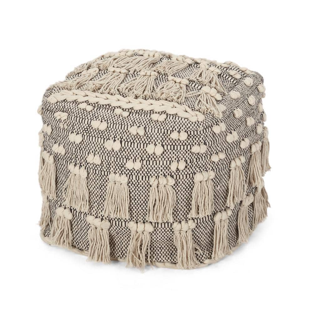 Noble House Morrow Ivory Handmade Cube Pouf with Tassels 107342 The