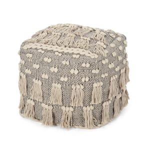 Morrow Ivory Handmade Cube Pouf with Tassels