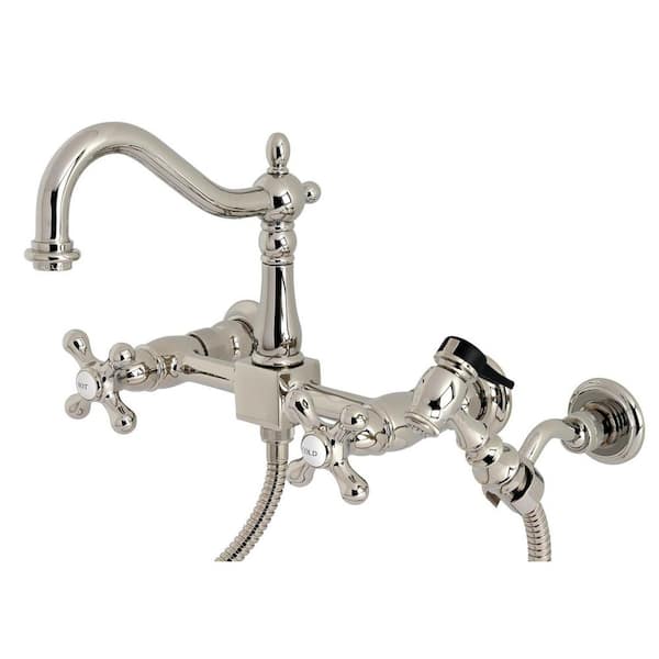 Kingston Brass Heritage 2-Handle Wall Mount Kitchen Faucets with Brass Sprayer in Polished Nickel