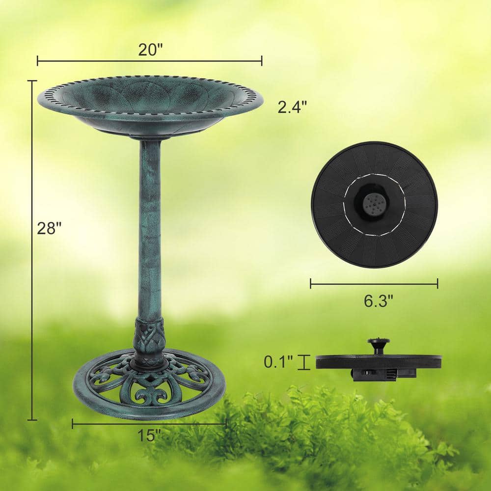 Antique Green 28" Resin Bird Bath with Solar Fountain