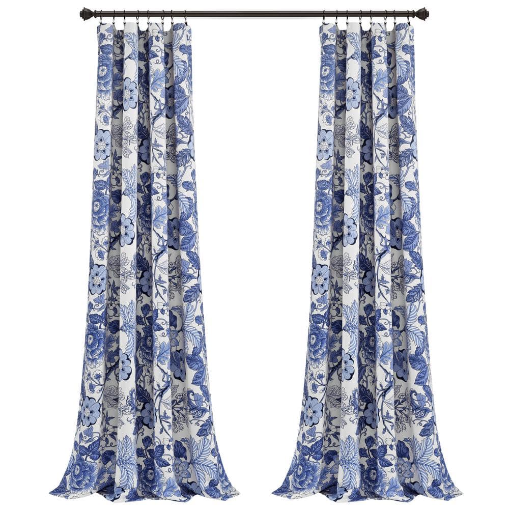 Navy and White Floral Blackout Polyester Curtains, 52" x 84"