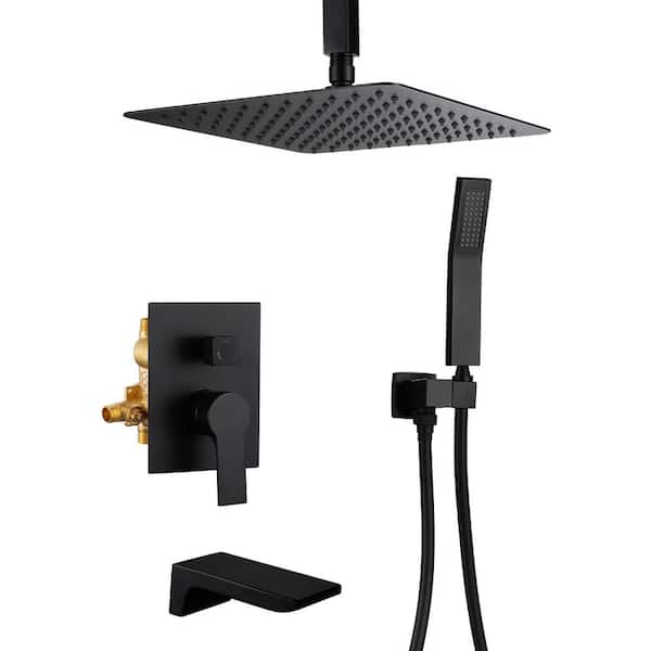 Inner Decor Jill 1-Spray Patterns 12 in. Ceiling Mount Rainfall Dual Shower Heads with Tub Faucet Anti-Microbial Nozzles in Black