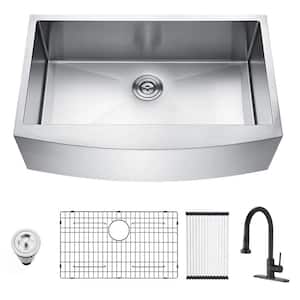 33 in Farmhouse/Apron-front Single Bowl 16-Gauge Stainless Steel Kitchen Sink with Matte Black Faucet