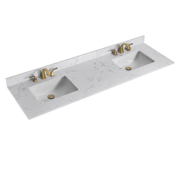 PROOX 72 in. W x 22 in. D Engineered Stone Composite White Rectangular Double Sink Bathroom Vanity Top in White