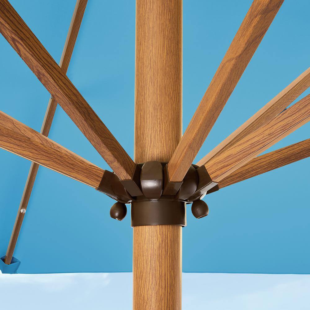 9ft Sky Blue Solar LED Lighted Patio Umbrella with Faux Wood Texture
