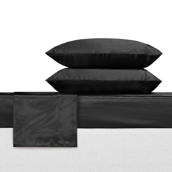 BETSEY JOHNSON Solid Satin 4-Piece Black Microfiber King Sheet Set