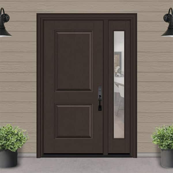 Regency 49 in. x 80 in. 2P Squaretop LHIS Hickory Stain Mahogany Fiberglass Prehung Front Door w/ Clear 10 in. SL 4-9/16