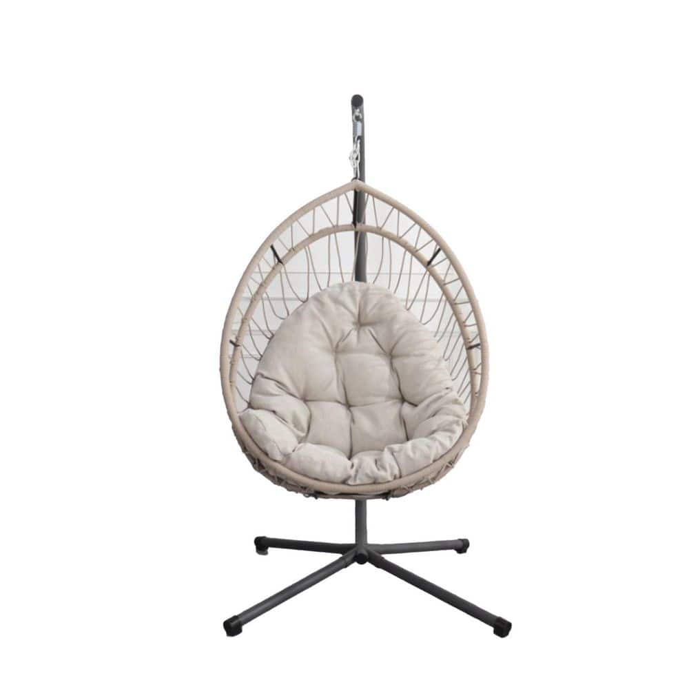 1-Person Wicker Patio Swing Egg Chair with Light Gray Cushions