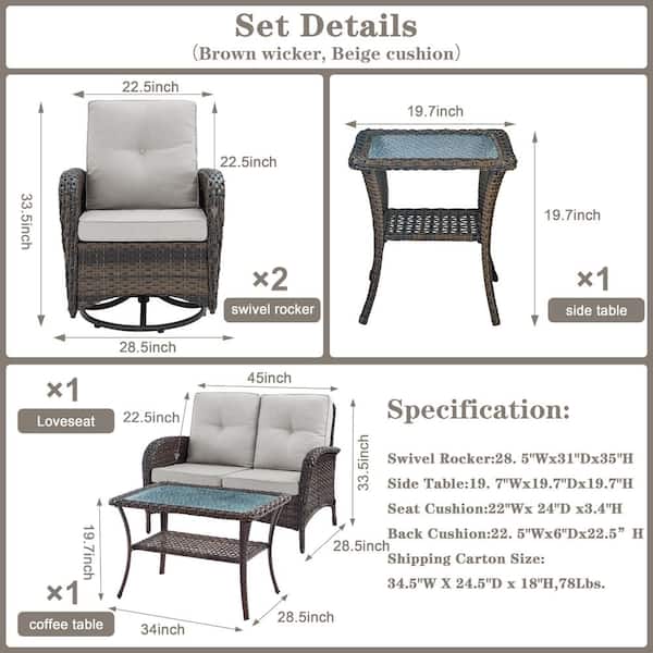 5-Pieces Flat armrest series Wicker Patio Conversation Deep Seating Set with Swivel Rocking Chairs and Cushions