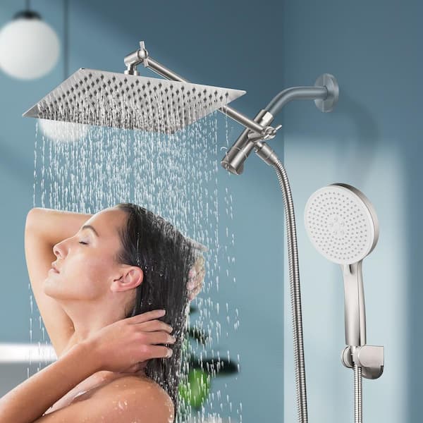 Rainfull 5-Spray Patterns 10 in. Wall Mount Dual Shower Head and Handheld Shower Head 2.2 GPM in Brushed Nickel