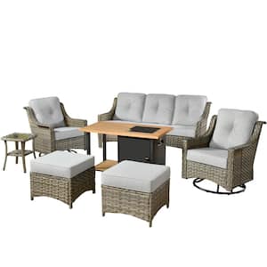 Verona Grey 7-Piece Wicker Outdoor Fire Pit Patio Conversation Sofa Set with Swivel Chairs and Light Grey Cushions