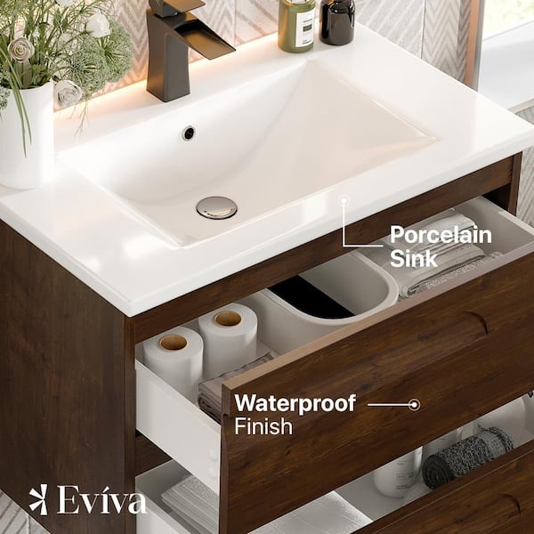 Joy 32 in. Single Sink Floating Rosewood Bath Vanity with White Porcelain Top (Assembled)