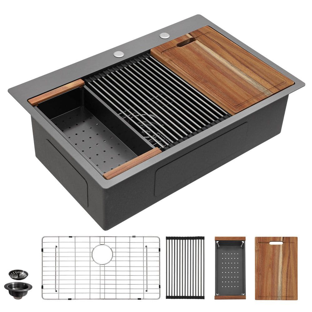 36 in. Gunmetal Black Drop-In Workstation Kitchen Sink, 16 Gauge T304 Stainless Steel Topmount Deep Single Bowl Sink Set price history on PriceWatchPro