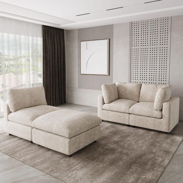 100.5 in. Square Arm Chenille 4-piece Sectional Sofa with Ottoman and Removable Covers in Beige L-Shaped