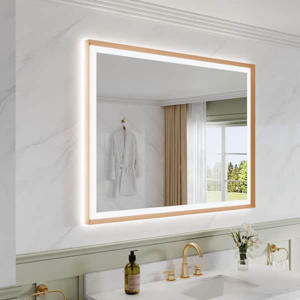 48 in. W x 36 in. H Rectangular Framed Wall LED Bathroom Vanity Mirror in Brushed Gold, Dimmable, Backlit and Frontlit