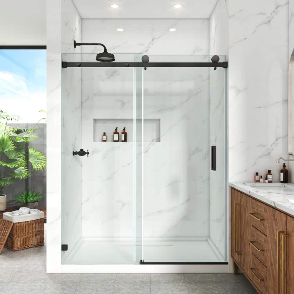 Frameless Shower Door, 61–66.5 in. W x 76 in. H, Single Sliding Door 3/8 in. Clear Tempered Glass, Matte Black. price history on PriceWatchPro