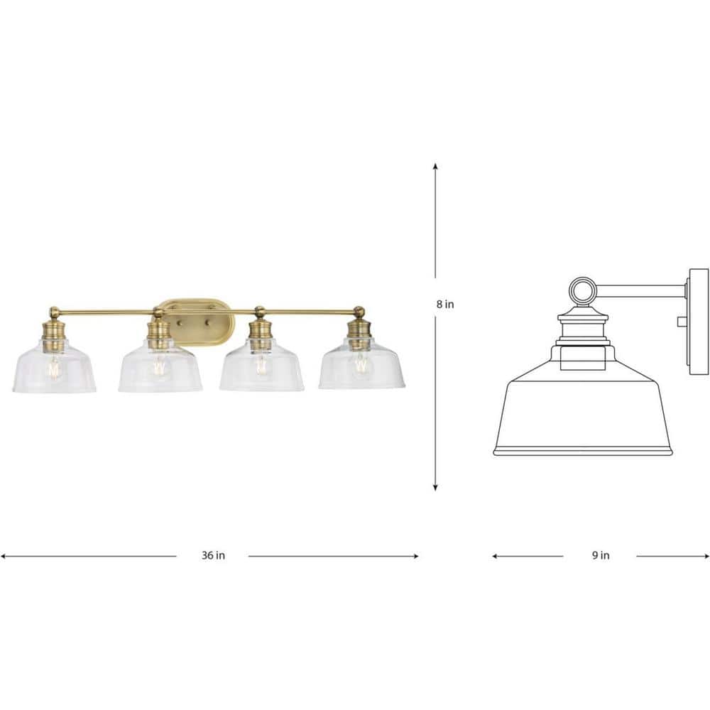 Singleton 36" Vintage Brass 4-Light Vanity Fixture with Clear Glass Shades