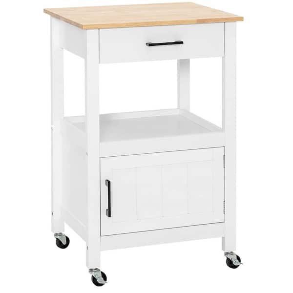 ANGELES HOME 22 in. L White Rubber Wood Countertop Small Rolling Kitchen Cart with Drawer, Cabinet