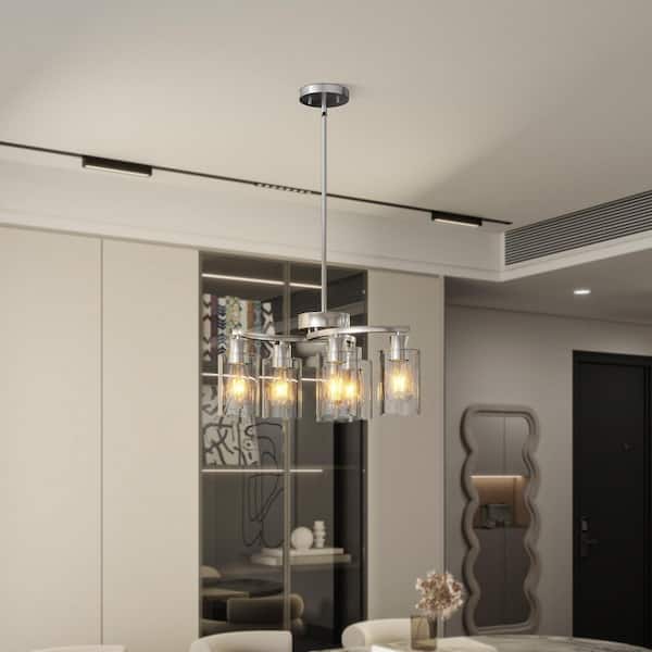6-Light Brushed Nickel Chandelier with Clear Glass Shade Adjustable Height Hanging Industrial Pendant Lights