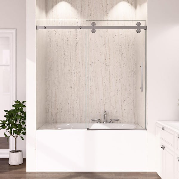 Eclisse 60 in. W x 60 in. H Single Sliding Frameless Tub Door in Brushed Nickel with SGCC 5/16 in. Tempered Clear Glass