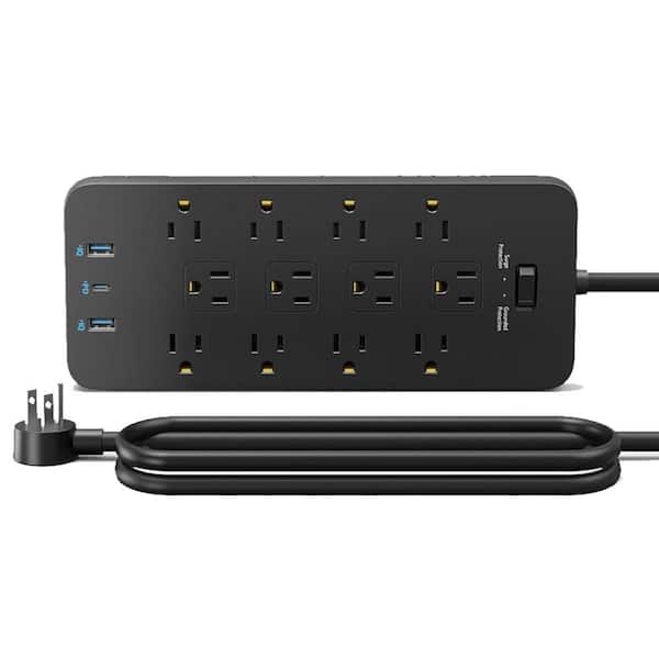 phyfalip 12-Outlet Power Strip Surge Protector with 1 USB C and 2 USB Ports, 5 ft. Extension Cord, 20W and TUV Listed, Black
