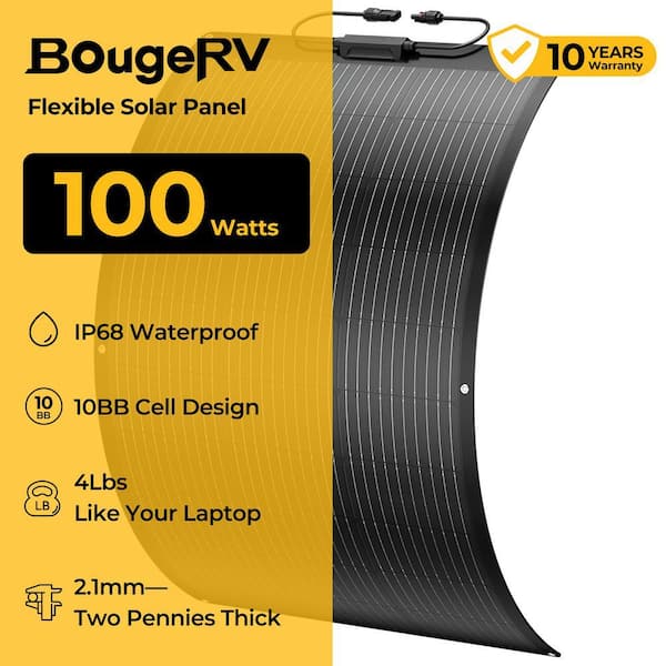 Bougerv 100W Flexible Fiberglass Solar Panel – 12V Portable Bendable 10BB For RV & Off-Grid
