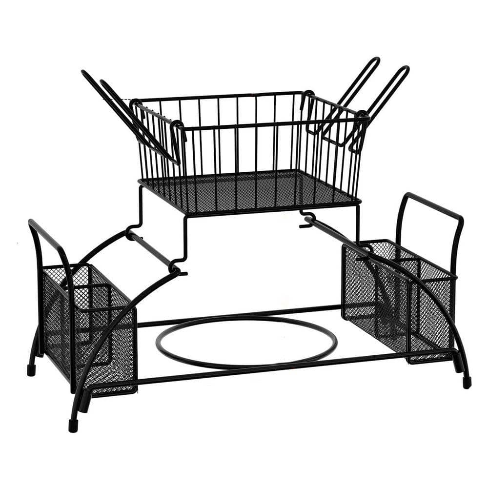 2-Tier Steel Buffet Caddy with Mug Holder Black Finish for Plates